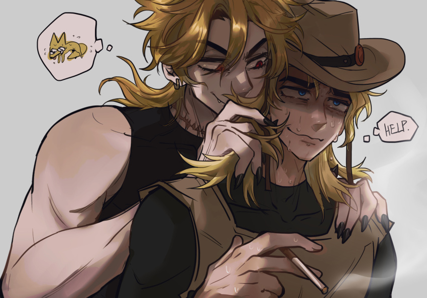 2boys behind_another black_nails blonde_hair blue_eyes cigarette cowboy_hat dio_brando english_text fang fingernails hand_on_another's_shoulder hat highres hol_horse jojo_no_kimyou_na_bouken male_focus medium_hair multiple_boys playing_with_another's_hair red_eyes scar scar_on_neck shaded_face sharp_fingernails sleeveless smoke stardust_crusaders swampland sweat thought_bubble yaoi