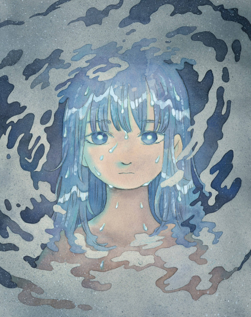 1girl abstract_background bare_shoulders blue_background blue_eyes blue_hair distortion frown heikala highres looking_at_viewer monochrome original painting_(medium) solo sweatdrop tears traditional_media water watercolor_(medium)