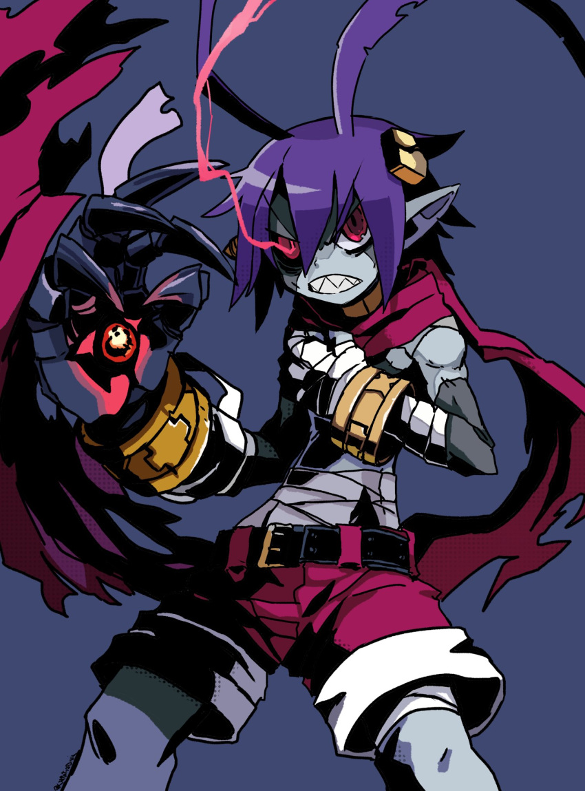 1boy bandaged_arm bandaged_chest bandages belt blue_eyes bracelet carpatiodevil colored_skin demon_boy disgaea disgaea_rpg grey_skin hair_between_eyes hand_on_own_chest highres jewelry laharl male_focus pointy_ears red_eyes red_scarf red_shorts scarf sharp_teeth shorts simple_background stitches teeth zombie