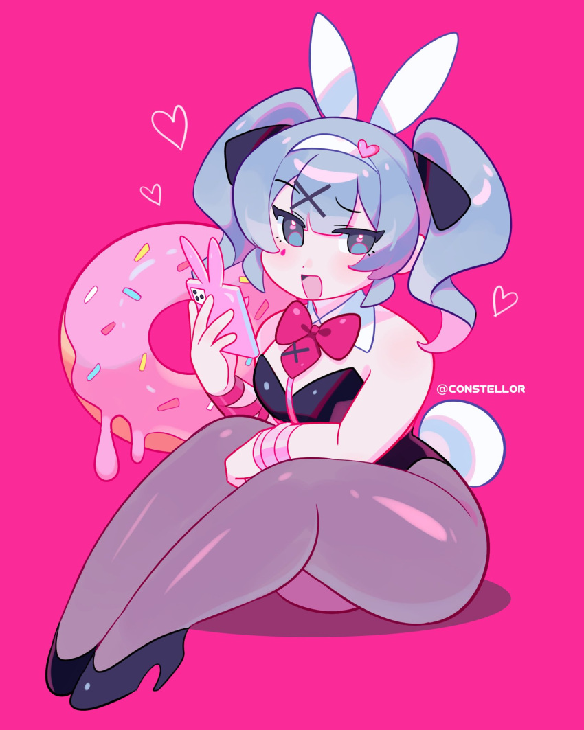 1girl animal_ears ass black_footwear black_leotard blush_stickers bow bowtie constellor doughnut fake_animal_ears fake_tail food hair_ornament hairband hatsune_miku heart heart_hair_ornament high_heels highres leotard looking_at_viewer open_mouth pantyhose pink_background playboy_bunny rabbit_ears rabbit_hole_(vocaloid) rabbit_tail red_bow red_bowtie tail thick_thighs thighs twintails watermark x_hair_ornament