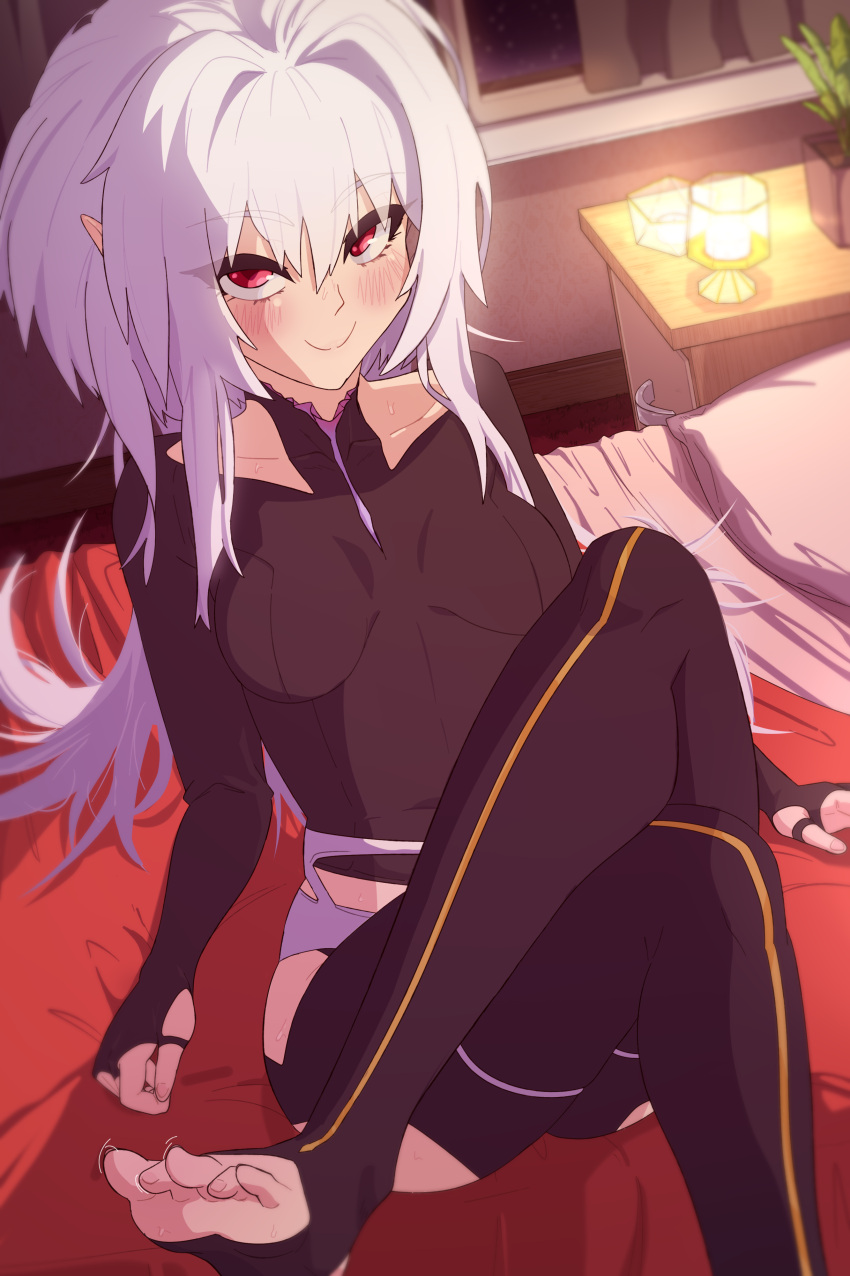 1girl absurdres ahoge black_bodysuit bodysuit breasts clothing_cutout darkkin fate/grand_order fate/prototype fate_(series) highres hip_vent long_hair long_sleeves looking_at_viewer medium_breasts merlin_(fate/prototype) pointy_ears red_eyes shoulder_cutout sitting smile solo thighs white_hair