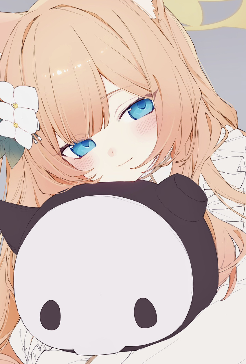 1girl animal_ear_fluff animal_ears blue_archive blue_eyes blush cat_ears closed_mouth flower grey_background hair_flower hair_ornament highres hk_nnm light_smile long_hair looking_at_viewer mari_(blue_archive) orange_hair simple_background solo stuffed_toy upper_body white_flower