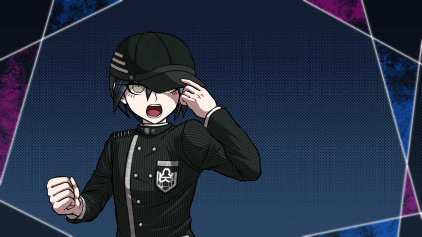 1boy baseball_cap black_hat black_jacket black_sleeves blue_background blue_hair buttons collared_jacket crest danganronpa_(series) danganronpa_v3:_killing_harmony double-breasted eyelashes green_eyes hair_between_eyes hand_on_headwear hat jacket layered_sleeves long_sleeves looking_at_viewer male_focus official_style one_eye_covered open_mouth outside_border parody pinstripe_jacket pinstripe_pattern pocket polka_dot polka_dot_background saihara_shuichi short_hair simple_background solo star_(symbol) star_print style_parody teeth upper_body vertical-striped_sleeves yumaru_(marumarumaru)