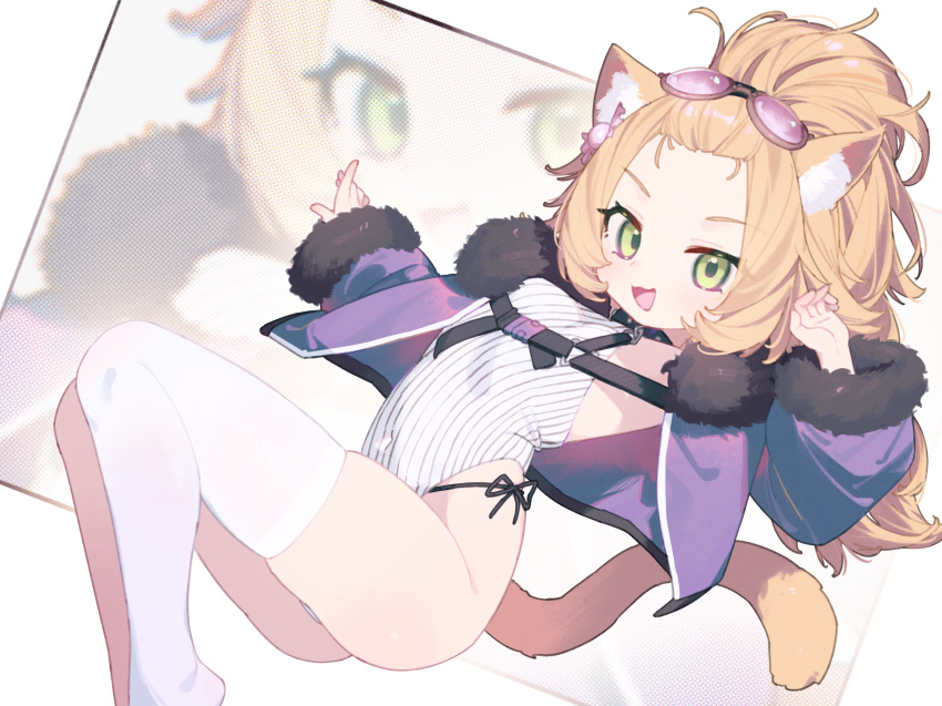 1girl animal_ears blonde_hair cat_ears cat_tail eyewear_on_head fur_trim green_eyes highres jacket leotard looking_at_viewer mosou_keito open_mouth original smile solo tail thighhighs white_leotard white_thighhighs zoom_layer