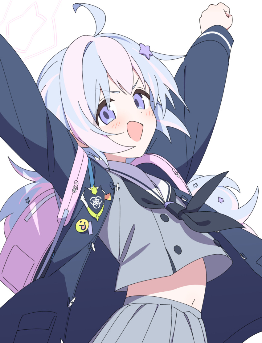 1girl ahoge arms_up backpack bag black_jacket black_neckerchief blue_archive blush grey_serafuku grey_skirt hair_ornament halo highres jacket long_hair looking_at_viewer multicolored_hair neckerchief open_clothes open_jacket open_mouth pink_hair pink_halo pleated_skirt purple_eyes purple_hair reisa_(blue_archive) sailor_collar school_uniform serafuku simple_background skirt smile solo star_(symbol) star_hair_ornament supershiruco twintails white_background white_sailor_collar