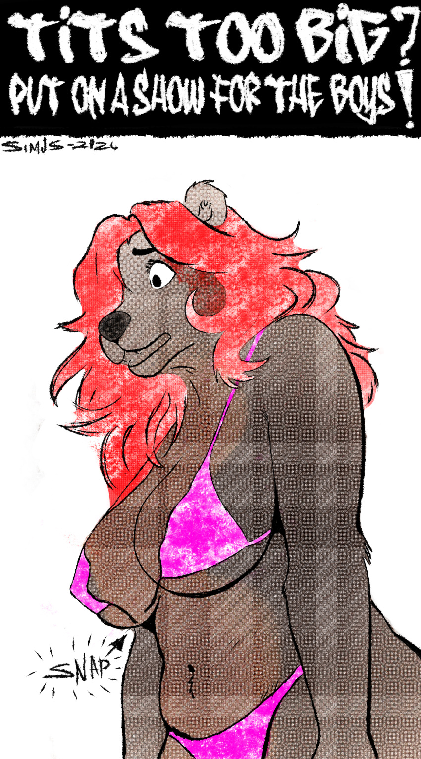 absurd_res bear bra breasts clothing curvy_figure embarrassed female graffiti hi_res mammal scared simusart slightly_chubby solo surprised swimwear text two-piece_swimsuit underwear wardrobe_malfunction
