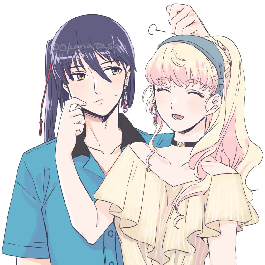 1boy 1girl blonde_hair blue_hair blush closed_eyes earrings hairband highres jewelry long_hair macross macross_frontier okanatasan open_mouth ponytail saotome_alto sheryl_nome shirt smile sweat upper_body