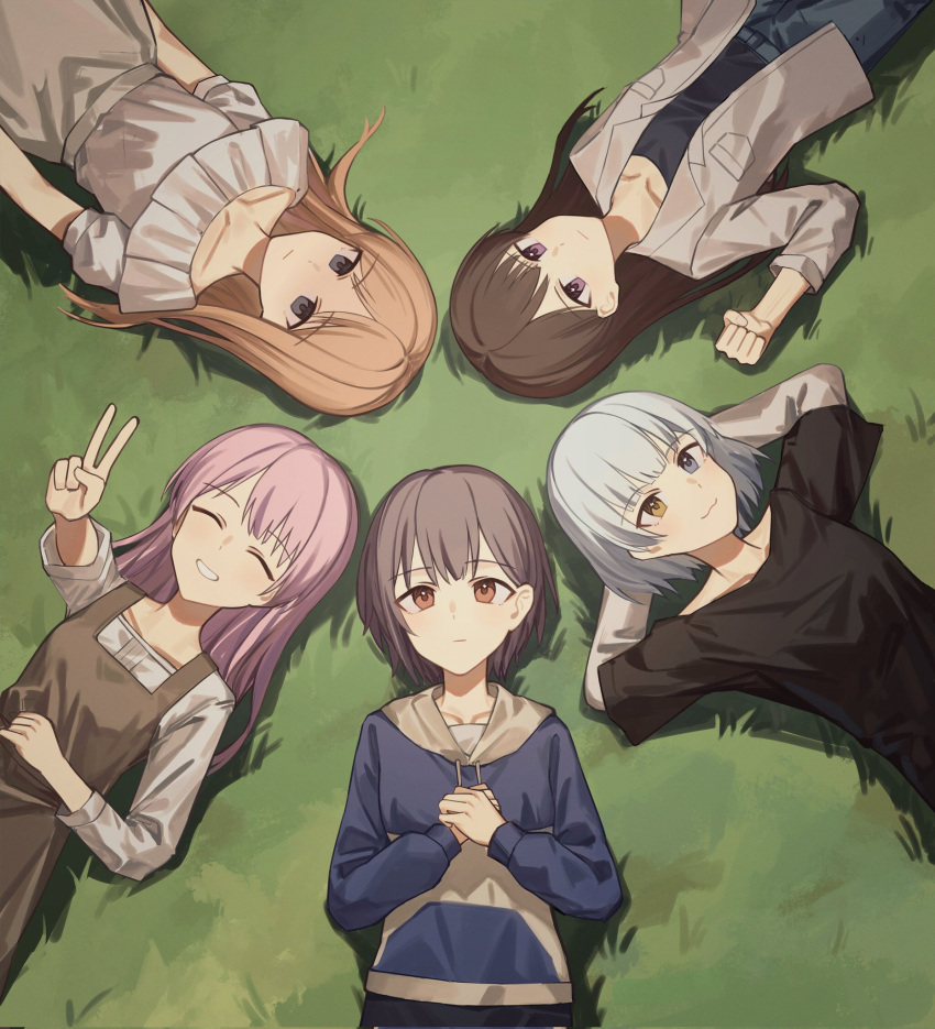 5girls :3 bang_dream! bang_dream!_it's_mygo!!!!! black_shirt blue_eyes blue_hoodie brown_dress brown_hair chihaya_anon closed_eyes closed_mouth commentary drawstring dress expressionless from_above grass grey_eyes grey_hair grey_skirt hashtag-only_commentary heterochromia highres hood hoodie kaname_raana layered_sleeves long_hair long_sleeves lu_guan lying multiple_girls mygo!!!!!_(bang_dream!) nagasaki_soyo on_back open_clothes open_shirt outdoors pinafore_dress pink_hair purple_eyes red_eyes shiina_taki shirt short_hair short_over_long_sleeves short_sleeves skirt sleeveless sleeveless_dress takamatsu_tomori two-tone_hoodie v white_hair white_hoodie white_shirt yellow_eyes