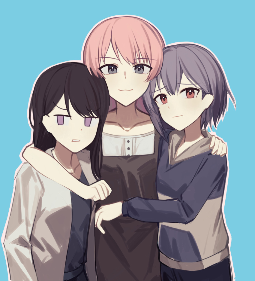 3girls absurdres arm_around_neck bang_dream! bang_dream!_it's_mygo!!!!! black_shirt blue_background blue_hoodie brown_dress brown_hair chihaya_anon closed_mouth commentary_request dress glaring grey_eyes grey_hoodie hand_on_another's_shoulder highres hood hoodie long_hair lu_guan multiple_girls open_clothes open_shirt parted_lips pink_hair purple_eyes purple_hair red_eyes shiina_taki shirt short_hair simple_background smile tomori_nao two-tone_hoodie white_shirt