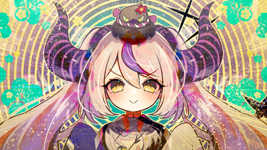 &gt;:) 1girl ;d alternate_costume black_choker black_horns blush character_print choker closed_mouth crow_(la+_darknesss) dot_nose fang flower furisode grey_hair hair_between_eyes hololive horns japanese_clothes kimono la+_darknesss la+_darknesss_(new_year) long_hair looking_at_viewer mixed_media multicolored_hair nihakusanren official_alternate_costume one_eye_closed pendant_choker print_kimono purple_hair red_flower self_character_print sleeves_past_fingers sleeves_past_wrists smile star_(symbol) star_choker streaked_hair striped_horns twintails v-shaped_eyebrows very_long_hair virtual_youtuber wide_sleeves yellow_eyes