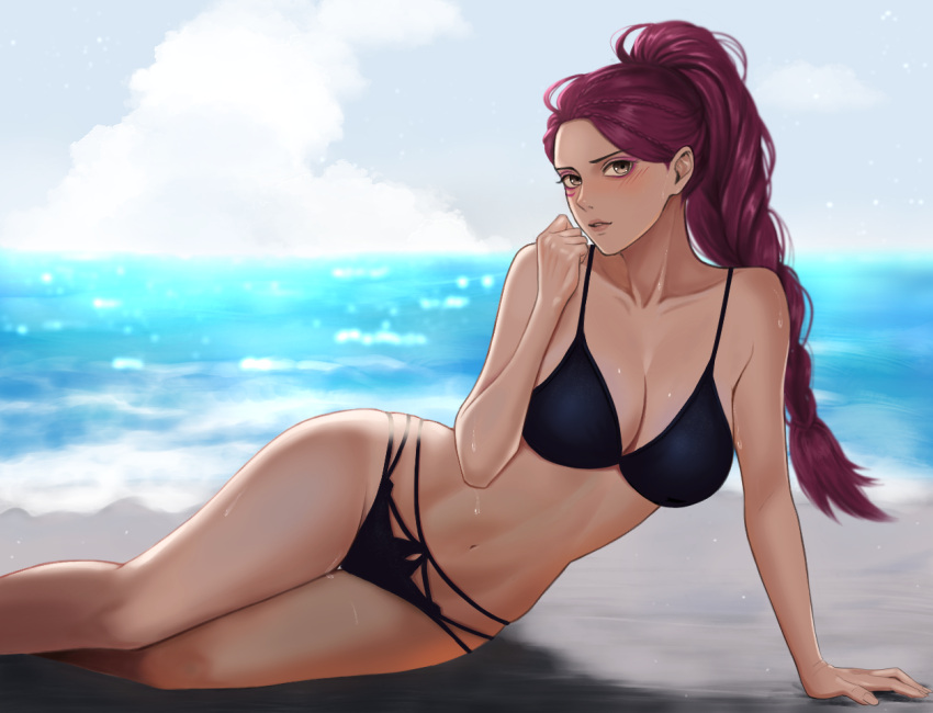 1girl alternate_costume beach bikini breasts cleavage cloud commission commissioner_upload fire_emblem fire_emblem:_three_houses large_breasts looking_at_viewer lying on_side petra_macneary ponytail skeb_commission solo swimsuit tori_art07 water