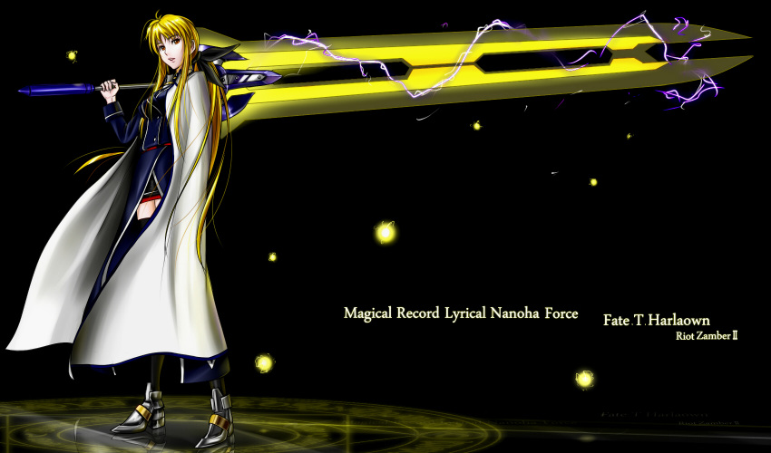 1girl armored_shoes bardiche_(nanoha) bardiche_(riot_zanber_ii)_(nanoha) black_background blonde_hair character_name cloak copyright_name energy_sword fate_testarossa fate_testarossa_(impulse_form) full_body highres holding holding_sword holding_weapon kinakogm long_hair low_ponytail lyrical_nanoha magic_circle magical_girl mahou_senki_lyrical_nanoha_force miniskirt over_shoulder overskirt skirt solo sword sword_over_shoulder weapon weapon_over_shoulder white_cloak