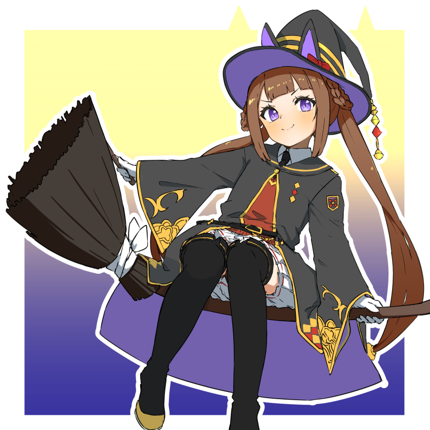 1girl absurdres bigkwl black_hat black_thighhighs blush broom broom_riding brown_hair gloves hat highres horse_girl long_hair long_sleeves looking_at_viewer purple_eyes sidelocks simple_background sitting skirt smile solo sweep_tosho_(umamusume) thighhighs twintails umamusume very_long_hair white_gloves white_skirt wide_sleeves witch_hat