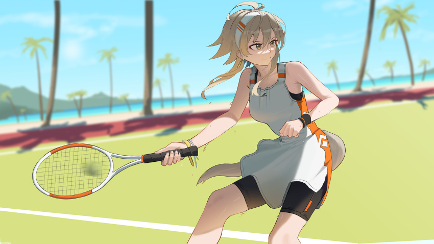 1girl arknights ball bare_arms bare_shoulders bike_shorts black_shorts blue_sky breasts brown_eyes brown_hair closed_mouth cloud collarbone day dress hair_between_eyes hairband highres holding long_hair looking_to_the_side mayer_(arknights) medium_breasts motion_blur northkiyou outdoors palm_tree racket shorts shorts_under_dress sky sleeveless sleeveless_dress solo sportswear sweatband tennis tennis_ball tennis_court tennis_dress tennis_racket tennis_uniform tree v-shaped_eyebrows water white_dress white_hairband wristband