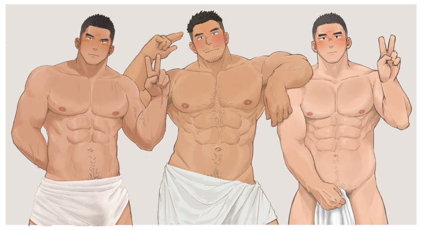 3boys abs after_bathing amaimao arm_on_another's_shoulder armpit_hair armpit_hair_peek armpit_stubble bara blush bulge contrapposto covering_crotch covering_privates cowboy_shot dark-skinned_male dark_skin facial_hair forehead_blush goatee_stubble hairy heart highres large_pectorals looking_at_viewer male_focus male_pubic_hair mature_male multiple_boys muscular muscular_male mustache_stubble navel navel_hair nipples nude_cover original pectorals pubic_hair sanpaku short_hair shy sparse_chest_hair sparse_navel_hair standing stomach strongman_waist stubble sweat thick_eyebrows topless_male towel towel_around_waist tsurime undercut v veins veiny_arms very_sweaty waving wet
