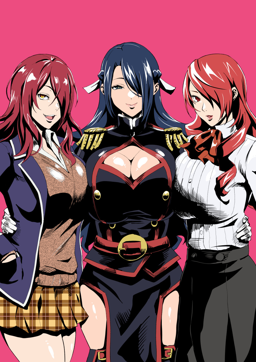 3girls absurdres anti-demon_corps_uniform arm_around_waist azuma_fubuki black_skirt blazer blue_eyes blue_hair blue_jacket braid breasts brown_skirt brown_sweater_vest cleavage cleavage_cutout clothing_cutout commentary_request crossover dark_blue_hair epaulettes french_braid gloves hair_over_one_eye hairstyle_connection highres huge_breasts iwao178 jacket kirijou_mitsuru kobayashi_rindou large_breasts long_hair long_skirt looking_at_viewer mato_seihei_no_slave multiple_girls pelvic_curtain persona persona_3 pink_background plaid plaid_skirt red_eyes red_hair ribbed_sweater shirt shokugeki_no_souma simple_background skirt slit_pupils smile sweater sweater_vest tootsuki_saryou_ryouri_gakuen_uniform trait_connection white_gloves white_shirt white_sweater yellow_eyes