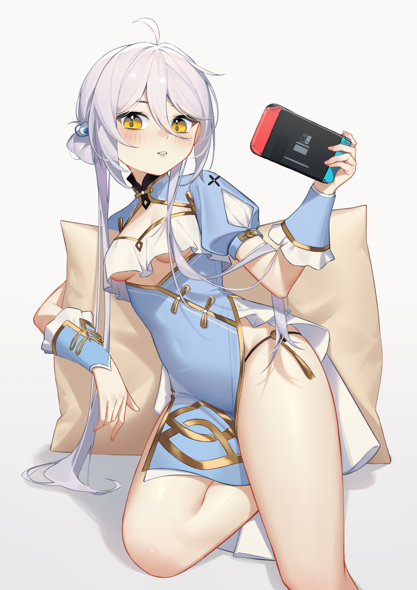1girl absurdres acacia_(snowbreak) acacia_-_kaguya_(snowbreak) ahoge black_pantyhose blue_dress breasts china_dress chinese_clothes chinese_commentary commentary_request dress grey_hair hair_between_eyes handheld_game_console highres holding legs liu_zhu long_hair looking_at_viewer medium_breasts nintendo_switch official_alternate_costume panties pantyhose pillow puffy_short_sleeves puffy_sleeves short_sleeves side-tie_panties side_slit simple_background sitting snowbreak:_containment_zone solo thighs underboob underwear white_background wrist_cuffs yellow_eyes