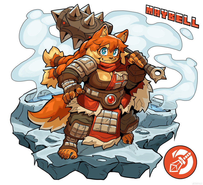 2024 5_toes absurd_res anthro breasts canid canine canis ceehaz cleavage clothed clothing club_(weapon) cute_fangs dog_knight_rpg domestic_dog feet female fur hair hi_res holding_object holding_weapon humanoid_feet mammal mature_female maybell_(ceehaz) melee_weapon orange_body orange_fur orange_hair plantigrade pomeranian solo spitz toes weapon