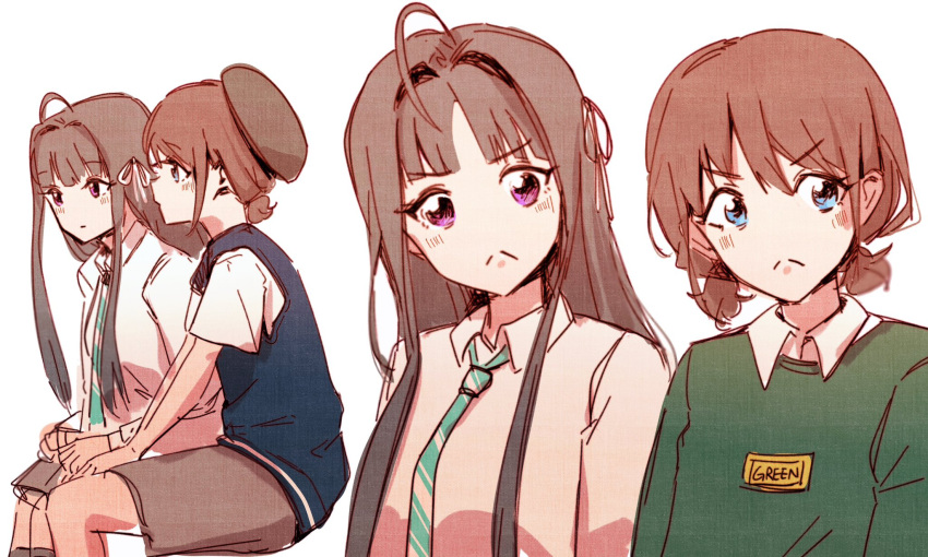 :&lt; ahoge awa_subaru black_hair black_socks blue_eyes blue_necktie blue_sweater_vest blush breasts brown_hair closed_mouth collared_shirt commentary diagonal-striped_clothes diagonal-striped_necktie girls_band_cry green_sweater grey_skirt hair_ribbon hashtag-only_commentary highres invisible_chair iseri_nina kneehighs long_hair long_sleeves low_twintails medium_breasts multiple_views necktie parted_bangs purple_eyes ribbon sangdingting school_uniform shirt short_hair short_sleeves short_twintails sidelocks simple_background sitting skirt socks striped_clothes sweater sweater_vest twintails upper_body white_background white_ribbon white_shirt