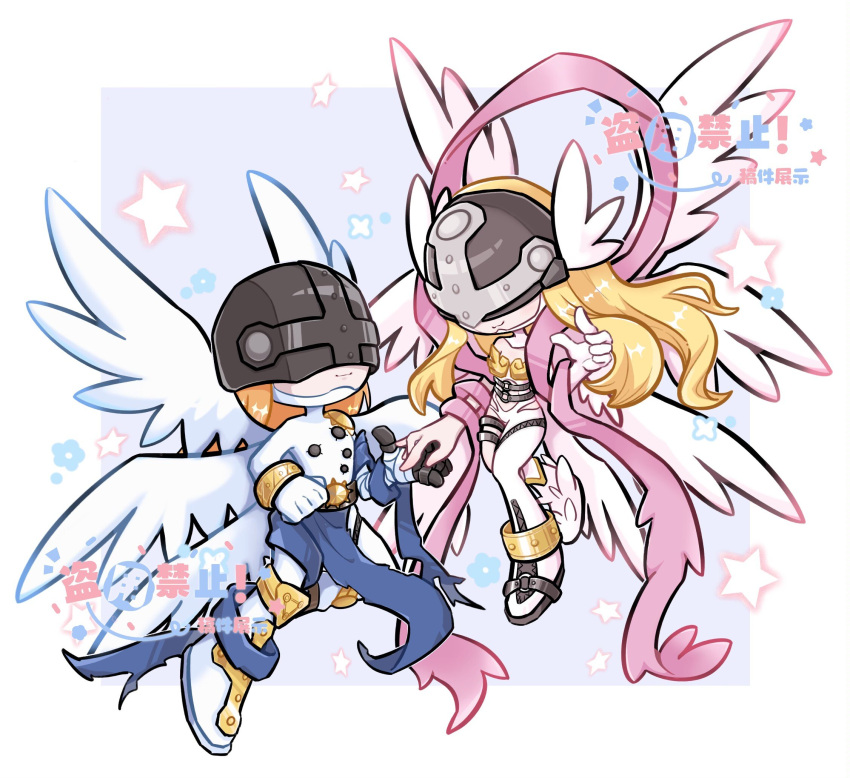 angel angel_wings angemon angewomon armor artist_logo bare_shoulders blonde_hair bodysuit breastplate chibi clothing_cutout commentary couple covered_eyes digimon digimon_(creature) feathered_wings gloves head_wings helmet helmet_over_eyes hetero highres holding_hands looking_at_another multiple_wings orange_hair pink_ribbon ribbon simple_background single_glove star_(symbol) stomach_cutout symbol-only_commentary white_background white_bodysuit white_gloves wings yagi_kiki