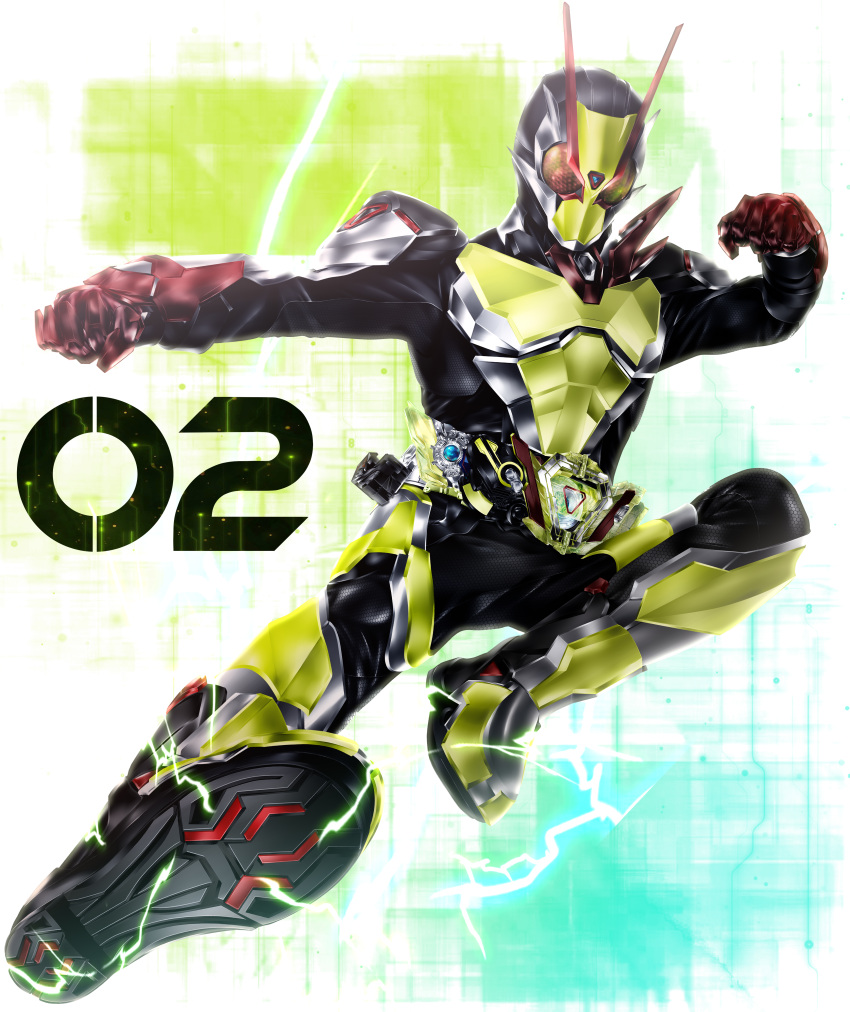 1boy absurdres antennae armor armored_gloves belt black_bodysuit bodysuit character_name driver_(kamen_rider) electricity finishing_move flying_kick full_body gloves green_armor helmet highres kamen_rider kamen_rider_01_(series) kamen_rider_zero-one kamen_rider_zero-two kicking kuzurx looking_at_viewer male_focus progrise_key red_eyes red_gloves rider_belt rider_kick solo tokusatsu zero_two_driver