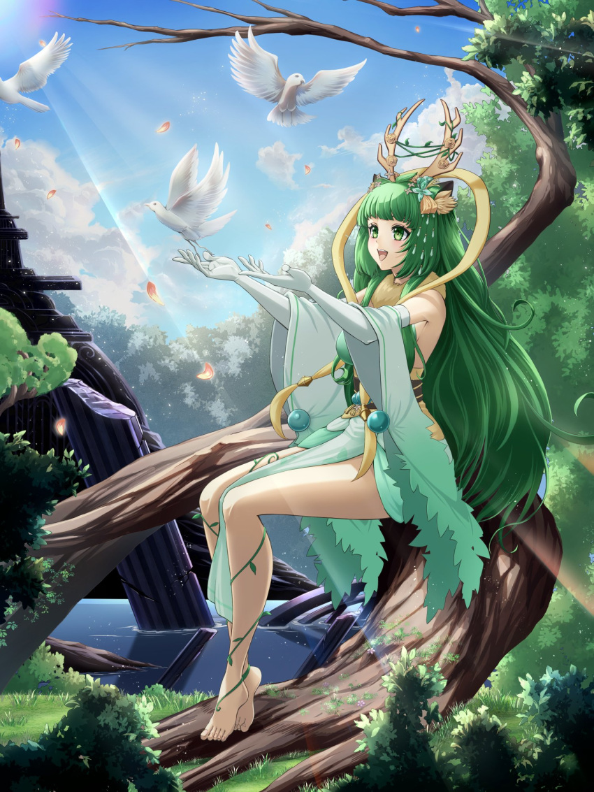 1girl animal_ears antler_ornament antlers barefoot bird chiga_akira deer_antlers deer_ears deer_girl detached_sleeves dress elbow_gloves flower forest fur-trimmed_dress fur_trim gloves gradient_sleeves green_hair green_sleeves hair_ornament haruka_karibu highres horns long_hair nature open_mouth outstretched_hand sitting_on_branch smile solo teeth upper_teeth_only very_long_hair virtual_youtuber vshojo white_gloves