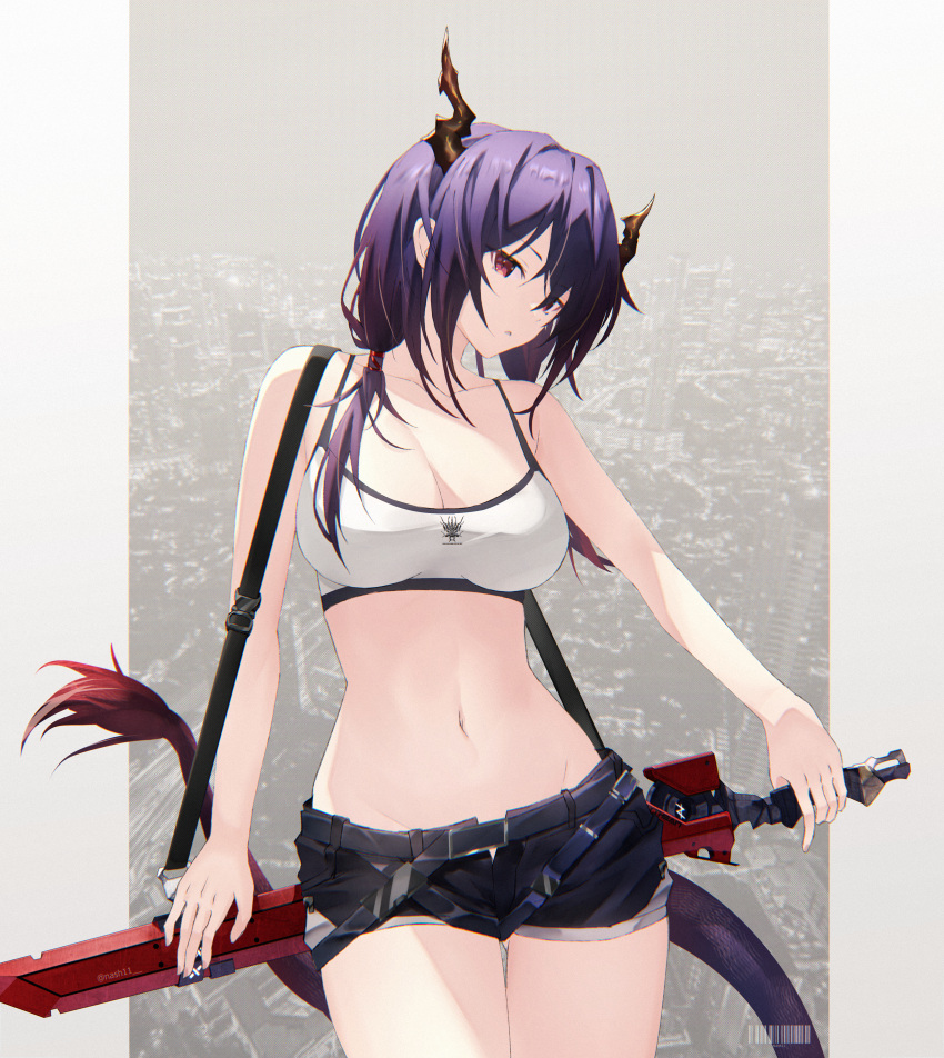 1girl absurdres arknights bare_arms bare_shoulders black_shorts breasts camisole ch'en_(arknights) chi_xiao_(arknights) cleavage commentary cowboy_shot crop_top dragon_horns head_tilt highres holding holding_sword holding_weapon horns long_hair looking_at_viewer medium_breasts midriff nash11 navel purple_hair red_eyes scabbard sheath sheathed short_shorts shorts solo spaghetti_strap standing stomach sword tail thighs weapon