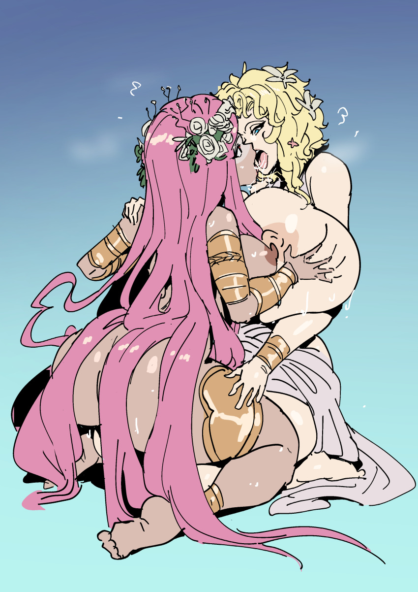 2girls absurdres aphrodite_(hades) aphrodite_(shuumatsu_no_valkyrie) ass bathsalts blonde_hair blue_eyes breasts commentary crossover dark-skinned_female dark_skin english_commentary french_kiss gigantic_breasts hades_(series) hades_2 highres huge_breasts kiss long_hair multiple_girls name_connection nude pink_hair shuumatsu_no_valkyrie very_long_hair yuri