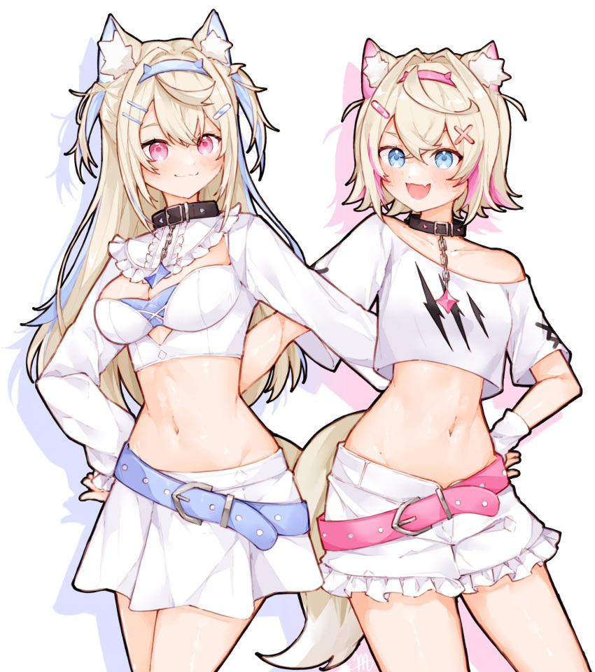 2girls animal_ear_fluff animal_ears belt_collar black_collar blonde_hair blue_eyes blue_hair breasts collar dog_ears dog_girl dog_tail fang fuwawa_abyssgard fuwawa_abyssgard_(1st_costume) hair_ornament highres hololive hololive_english horn_hairband large_breasts long_hair ma_draws mococo_abyssgard mococo_abyssgard_(1st_costume) multicolored_hair multiple_girls navel open_mouth pink_eyes pink_hair short_hair shorts siblings sisters skin_fang skirt spiked_collar spikes streaked_hair tail twins two_side_up virtual_youtuber white_shorts white_skirt x_hair_ornament