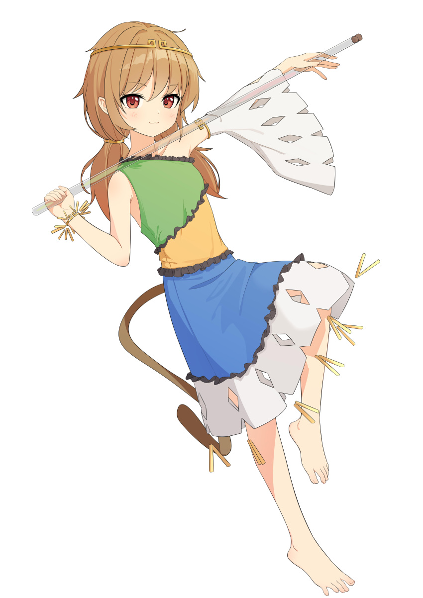 1girl :3 absurdres aqoot arms_up bare_shoulders barefoot blush brown_hair brown_tail circlet closed_mouth detached_sleeves dress feet frilled_dress frills full_body hair_tie highres holding holding_staff long_hair looking_at_viewer low_twintails monkey_tail multicolored_clothes multicolored_dress red_eyes ruyi_jingu_bang simple_background single_detached_sleeve sleeveless sleeveless_dress solo son_biten staff standing standing_on_one_leg tail touhou twintails white_background white_sleeves wide_sleeves