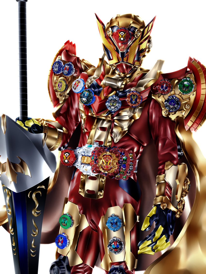 1boy absurdres armor bodysuit cape cowboy_shot geiz_majesty geiz_majesty_rider_watch gloves gold_armor gold_cape highres holding holding_polearm holding_weapon kamen_rider kamen_rider_geiz kamen_rider_zi-o_(series) kuzurx male_focus polearm red_armor red_bodysuit rider_belt rider_watch tokusatsu weapon yellow_cape yellow_eyes yellow_gloves ziku_driver