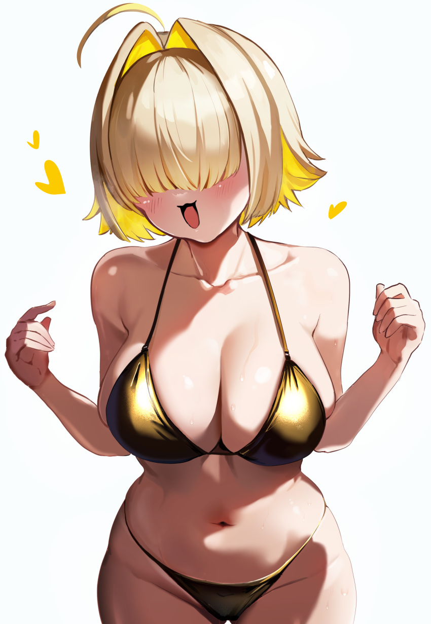 1girl absurdres ahoge bikini blonde_hair blush breasts collarbone commentary_request elegg_(nikke) goddess_of_victory:_nikke gold_bikini hair_intakes hair_over_eyes halterneck hands_up heart highres large_breasts long_bangs multicolored_hair navel open_mouth ramune_ramune short_hair simple_background swimsuit two-tone_hair white_background