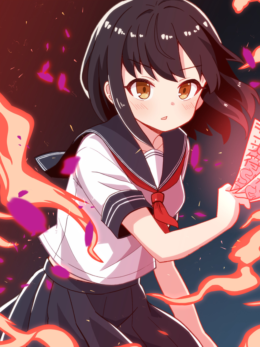 1girl black_hair black_sailor_collar black_skirt blush brown_eyes fire highres holding neckerchief original parted_lips pleated_skirt red_neckerchief sailor_collar school_uniform serafuku shirt short_sleeves skirt solo tsukimi_shokudouki white_shirt yukinagi