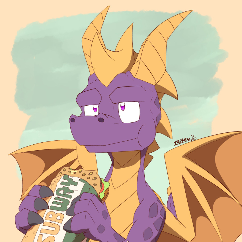 1:1 activision chewing claws dragon eating eating_food european_mythology feral food frill_(anatomy) hi_res holding_food holding_object horn male meme mythological_creature mythological_scalie mythology pronounced_browridge purple_body purple_eyes sandwich_(food) scales scalie simple_background solo spyro spyro_the_dragon submarine_sandwich subway_(restaurant) taphen western_dragon wings