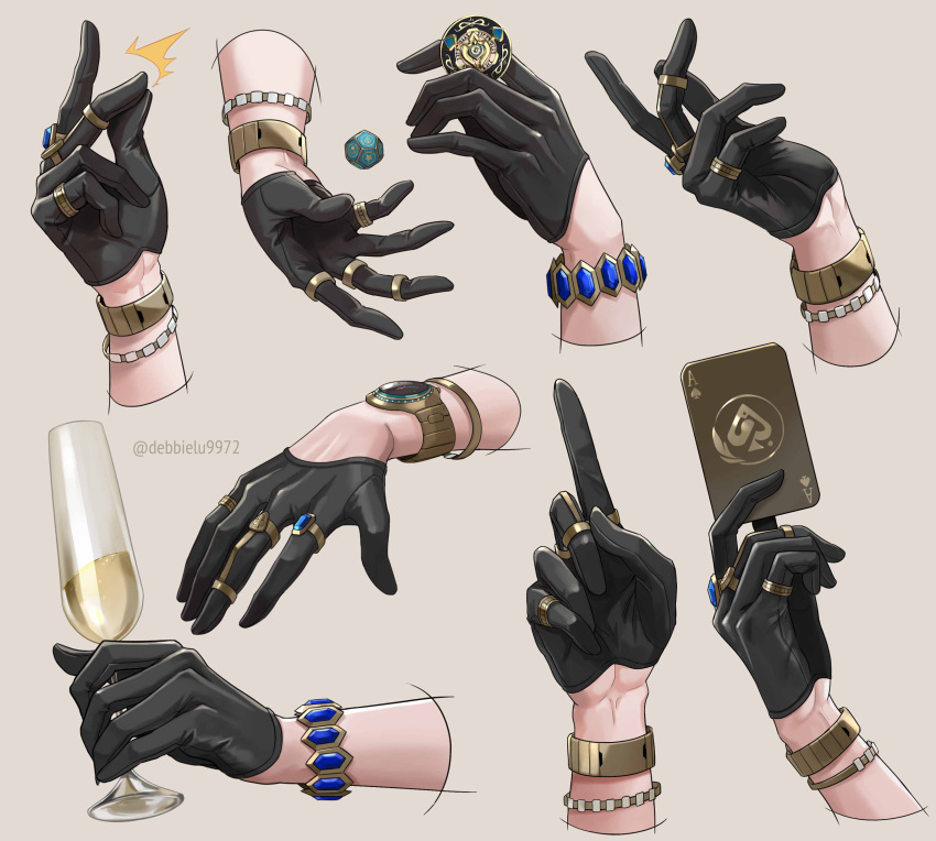 1boy absurdres aventurine_(honkai:_star_rail) black_gloves bracelet card cup debbie_(debbielu9972) dice gloves hand_focus highres holding holding_card holding_cup honkai:_star_rail honkai_(series) jewelry multiple_rings multiple_views ring trick watch wristwatch