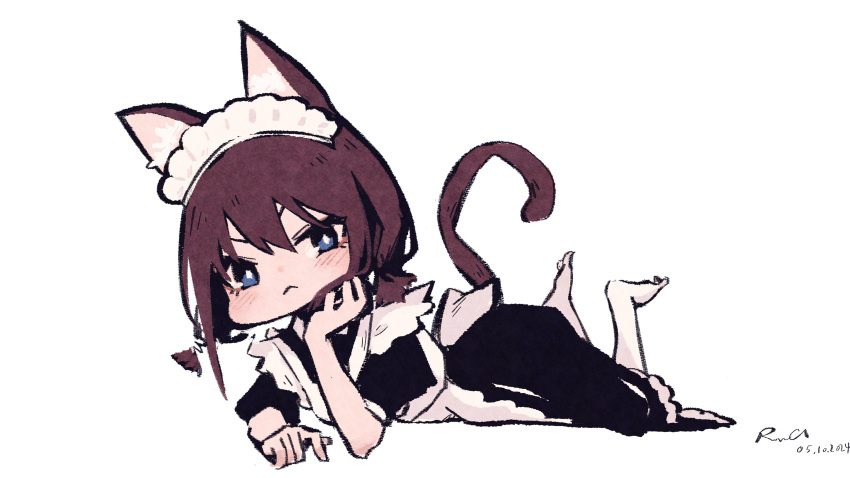 1girl :&lt; absurdres alternate_costume animal_ear_fluff animal_ears apron barefoot black_dress blue_eyes blush brown_hair cat_ears cat_girl cat_tail commentary dated dress english_commentary enmaided girls_band_cry head_rest highres iseri_nina looking_at_viewer low_twintails lying maid maid_headdress on_stomach puffy_short_sleeves puffy_sleeves rnna short_sleeves short_twintails signature simple_background solo tail twintails white_apron white_background