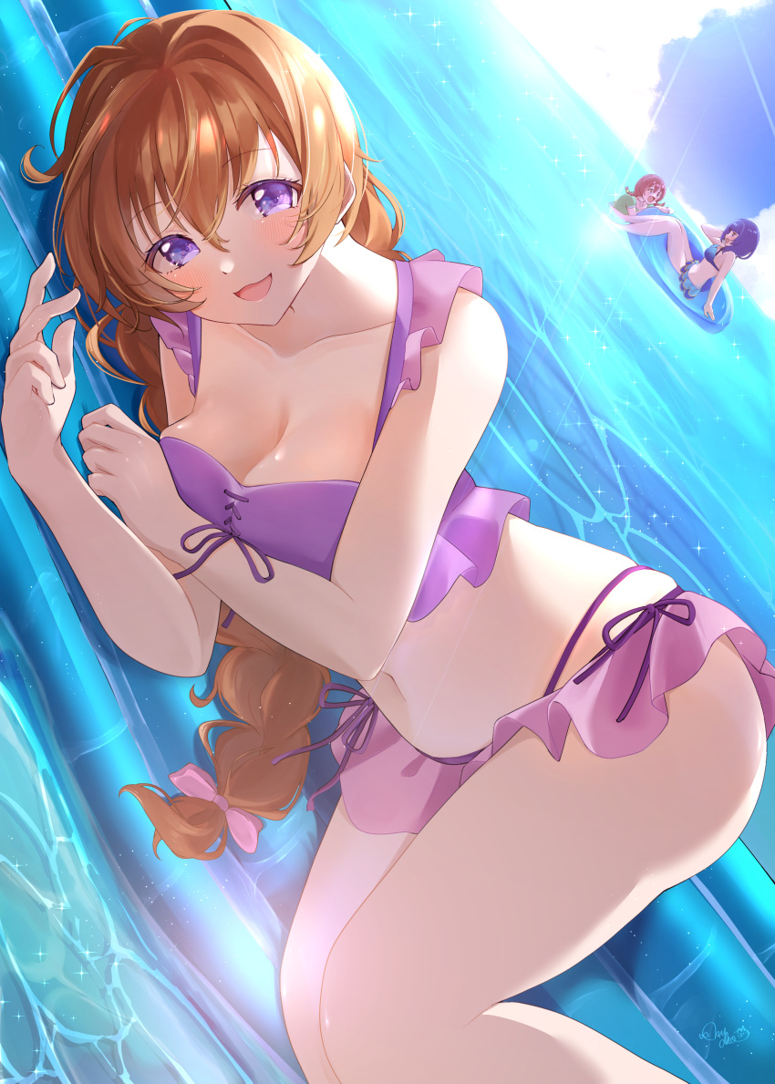 3girls :d absurdres asaka_karin bikini blue_bikini blush breasts brown_hair cleavage collarbone commentary emma_verde frilled_bikini frills front-tie_bikini_top front-tie_top highres inflatable_raft innertube konoe_kanata large_breasts long_hair looking_at_viewer love_live! love_live!_nijigasaki_high_school_idol_club low-tied_long_hair lying multi-tied_hair multiple_girls navel nyako_(utaneko31) ocean on_side open_mouth presenting_stomach purple_bikini purple_eyes side-tie_bikini_bottom smile solo_focus swim_ring swimsuit very_long_hair