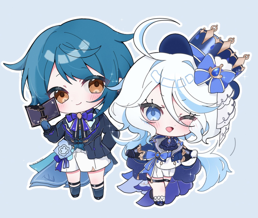 1boy 1girl ahoge amimia_zaxtuta ascot asymmetrical_gloves big_head black_ascot black_gloves blue_ascot blue_bow blue_brooch blue_eyes blue_gemstone blue_hair blue_hat blue_jacket book bow chibi chibi_only closed_mouth cowlick drop-shaped_pupils flower furina_(genshin_impact) gem genshin_impact gloves hair_between_eyes hat highres holding holding_book jacket kodona light_blue_hair lolita_fashion long_hair long_sleeves looking_at_viewer mismatched_gloves multicolored_hair official_alternate_costume open_mouth short_hair shorts simple_background smile socks streaked_hair symbol-shaped_pupils top_hat white_gloves white_hair white_shorts xingqiu_(bamboo_rain)_(genshin_impact) xingqiu_(genshin_impact) yellow_eyes