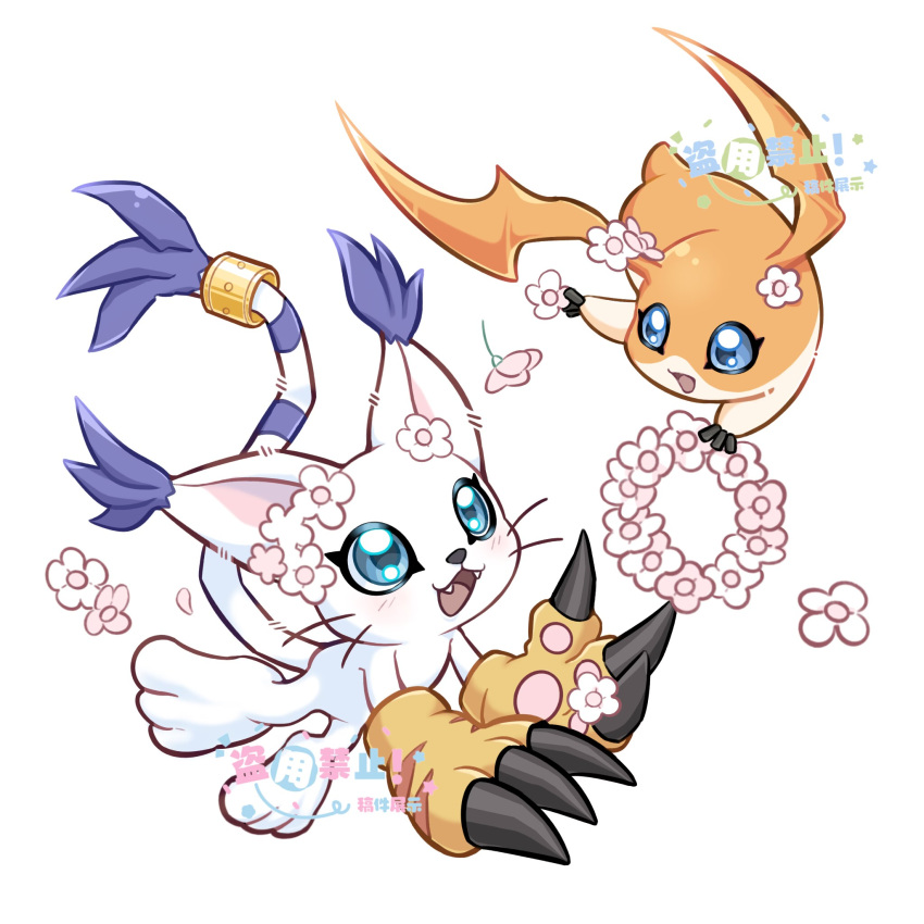 :3 artist_logo blue_eyes blue_fur blue_tail body_fur cat digimon digimon_(creature) fangs head_wings head_wreath highres open_mouth orange_fur orange_wings simple_background striped_tail tail tail_ornament tail_ring tailmon two-tone_fur white_background white_fur white_tail wings yagi_kiki