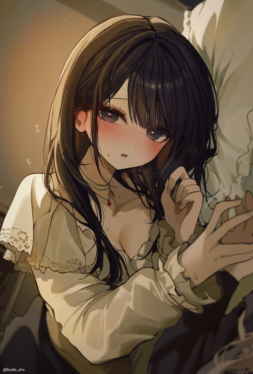 1boy 1girl bed black_hair blush breasts choker cleavage collarbone fingernails frilled_skirt frilled_sleeves frills highres indoors jewelry kudou_(sikisiki0000) long_hair looking_at_viewer lying medium_breasts necklace on_bed on_side open_mouth original pillow purple_eyes shirt skirt solo_focus sweat twitter_username white_choker white_shirt