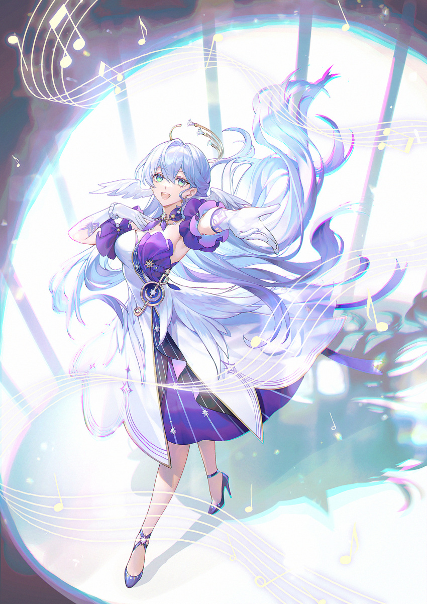 1girl aqua_eyes bracelet detached_sleeves dress feathered_wings gloves hand_on_own_chest head_wings highres honkai:_star_rail honkai_(series) jewelry kangetsu_(fhalei) long_hair looking_at_viewer music musical_note open_mouth outstretched_arm pearl_bracelet purple_footwear purple_hair purple_sleeves reaching reaching_towards_viewer robin_(honkai:_star_rail) singing very_long_hair white_dress white_gloves wings