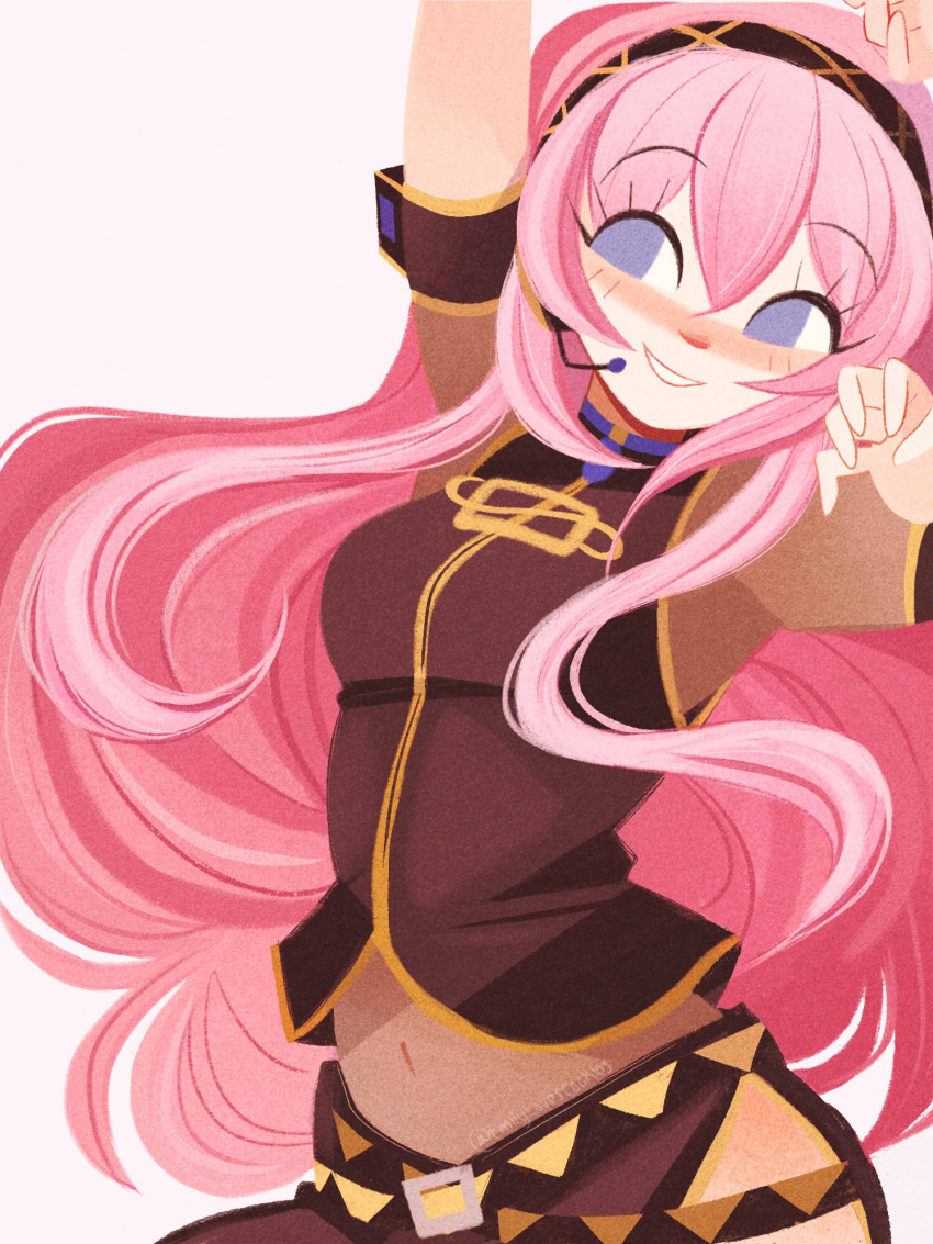 1girl arm_up black_hairband black_jacket blue_eyes commentary emmyluvscookies english_commentary hairband headset highres jacket long_hair looking_to_the_side megurine_luka navel pink_hair short_sleeves simple_background smile solo vocaloid white_background