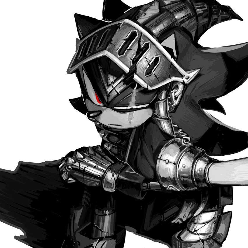 armored_boots armored_gloves boots diamondx1704 furry furry_male greyscale helmet highres knight monochrome partially_colored red_eyes scar scar_across_eye shadow_the_hedgehog sonic_(series) squatting white_background