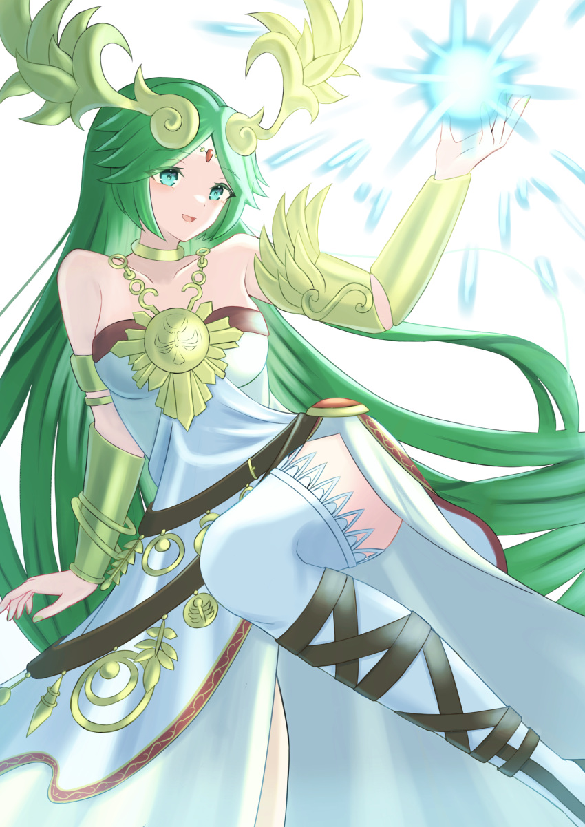 1girl absurdres breasts chain collarbone diadem dress gold_chain green_eyes green_hair highres kid_icarus kid_icarus_uprising long_hair looking_at_viewer palutena show_(0326lfs) single_thighhigh solo strapless strapless_dress thighhighs vambraces very_long_hair