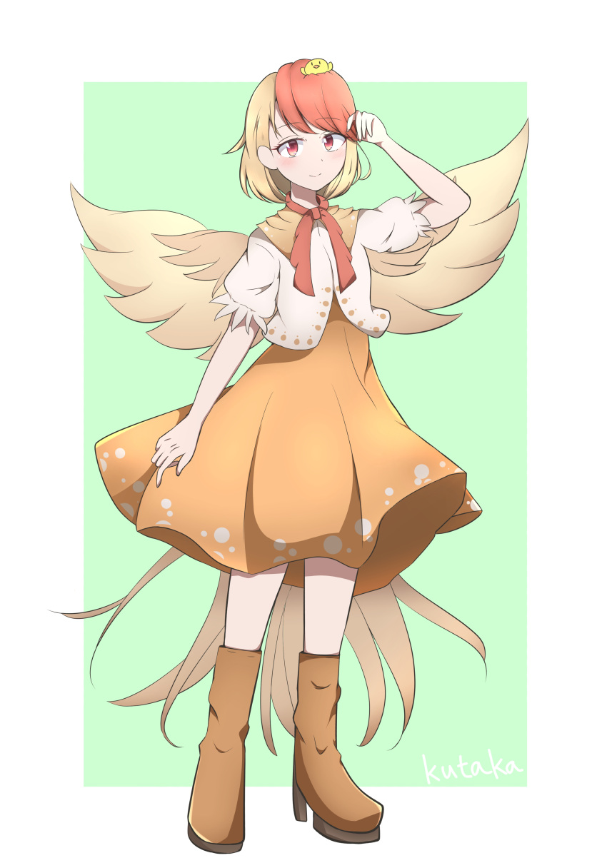 1girl absurdres bird bird_tail bird_wings blonde_hair boots chick dress feathered_wings full_body hand_up hashiro_fumi high_heel_boots high_heels highres looking_at_viewer multicolored_hair niwatari_kutaka red_eyes red_hair short_hair short_sleeves smile solo tail touhou two-tone_hair wings