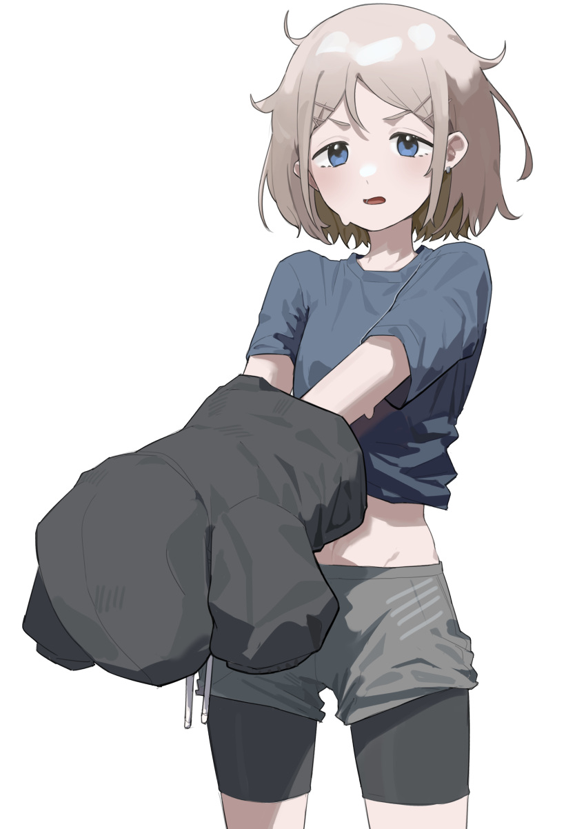 1girl absurdres bike_shorts bike_shorts_under_shorts black_hoodie blue_eyes blue_shirt cowboy_shot grey_hair grey_shorts hair_ornament hairclip highres hood hoodie idolmaster idolmaster_shiny_colors medium_hair messy_hair namae_kunn open_mouth parted_bangs serizawa_asahi shirt short_sleeves shorts simple_background solo sweat undressing white_background