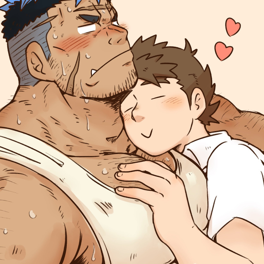 2boys :&lt; =_= bara beard_stubble blank_eyes blue_hair blush cross_scar dark-skinned_male dark_skin eyebrow_stubble facial_hair from_side hairy hand_on_another's_chest highres large_pectorals live_a_hero loving_aura male_focus male_protagonist_(live_a_hero) mature_male multicolored_hair multiple_boys muscular muscular_male nervous_sweating pectoral_cleavage pectorals scar scar_on_cheek scar_on_face scar_on_forehead short_hair shy sideburns_stubble size_difference sparse_arm_hair sparse_chest_hair sparse_stubble stubble sweat tank_top thick_eyebrows tusks two-tone_hair undercut white_tank_top yaoi yoshiori_(live_a_hero)