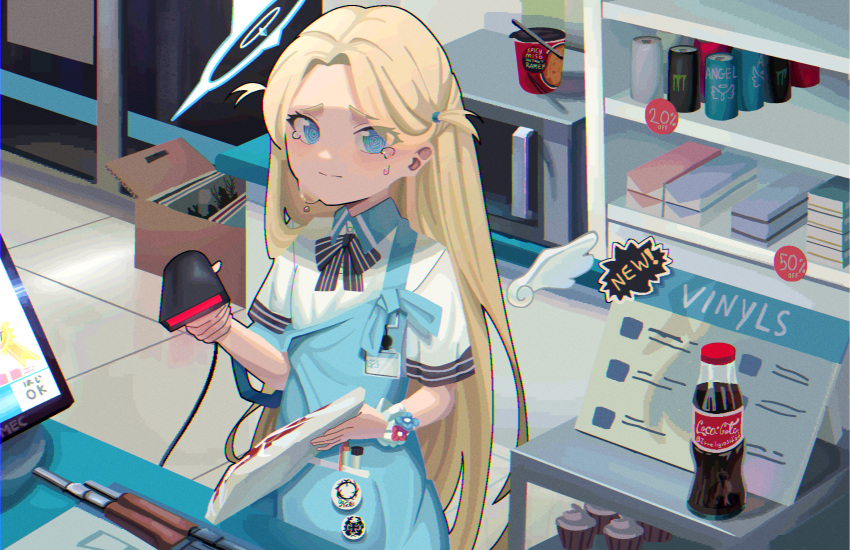 1girl @_@ absurdres angel's_24_uniform_(blue_archive) apron barcode_scanner blonde_hair blue_apron blue_archive blue_eyes blue_halo bow bowtie closed_mouth coca-cola commentary cowboy_shot crying crying_with_eyes_open cup_ramen detached_wings forehead gun halo highres holding_scanner indoors irreligiositat long_hair looking_at_viewer mini_wings parted_bangs rifle scrunchie shirt short_sleeves soda_bottle solo sora_(blue_archive) standing store_clerk striped_bow striped_bowtie striped_clothes tears two_side_up very_long_hair weapon white_shirt white_wings wings wrist_scrunchie