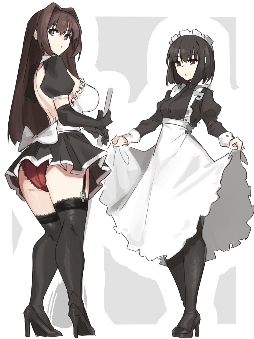 2girls absurdres alternate_costume aozaki_aoko apron ass backless_outfit black_dress black_eyes black_footwear black_gloves black_hair black_thighhighs blue_eyes brown_hair dress elbow_gloves enmaided gloves grey_background hair_intakes high_heels highres jonyeld juliet_sleeves kuonji_alice long_hair long_sleeves mahou_tsukai_no_yoru maid maid_day maid_headdress multiple_girls panties puffy_sleeves red_panties short_hair simple_background thighhighs underwear waist_apron white_apron