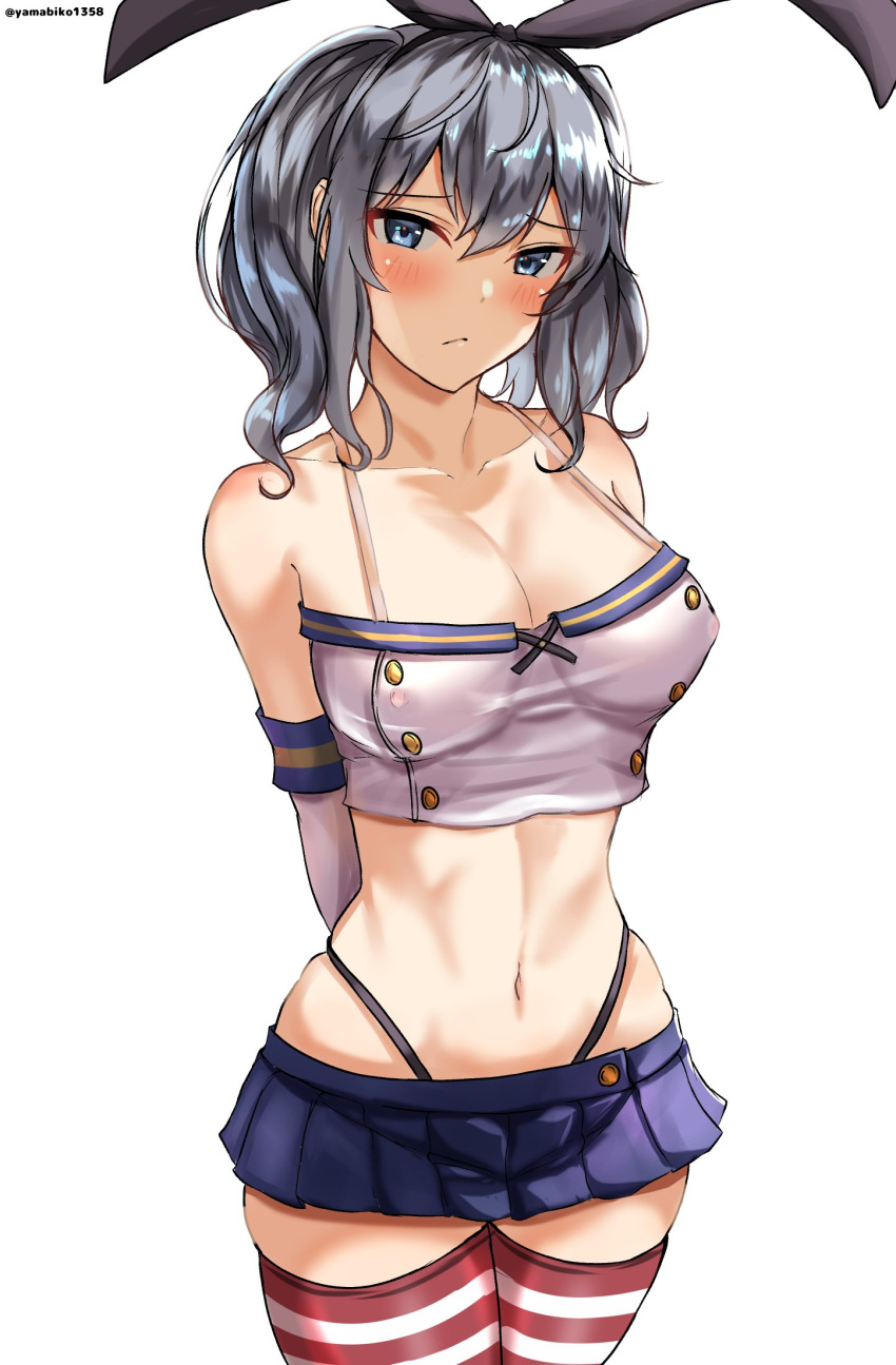 1girl :/ adapted_costume arms_behind_back black_hairband black_panties blue_eyes blue_skirt blush breasts cleavage closed_mouth collarbone commentary_request cosplay cropped_shirt elbow_gloves gloves grey_hair hairband halterneck highleg highleg_panties highres kantai_collection kashima_(kancolle) large_breasts long_hair looking_at_viewer microskirt mizuki_(uzuki_no_sato) navel panties shimakaze_(kancolle) shimakaze_(kancolle)_(cosplay) shirt skirt solo striped_clothes striped_thighhighs thighhighs twintails twitter_username underwear wavy_hair white_background white_gloves white_shirt